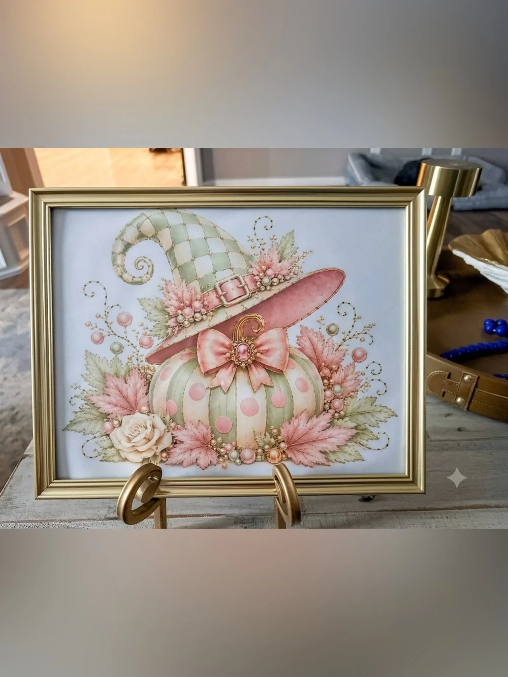 Iconic Checkered Whimsical Pastel Pumpkin Framed 8x10 Art Print - Pink & Mint